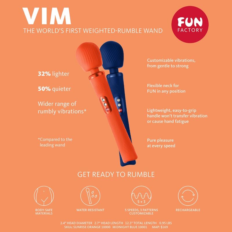 FUN FACTORY - VIM WAND RUMBLE VIBRADOR RECARGABLE SILICONA NARANJA 5 FUN FACTORY - VIM WAND RUMBLE VIBRADOR RECARGABLE SILICONA NARANJA - Imagen 6