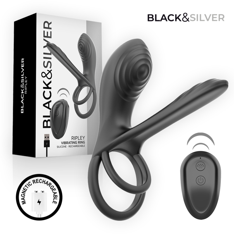 BLACK & SILVER - RIPLEY ANILLO VIBRADOR RECARGABLE CON CONTROL REMOTO NEGRO 1 BLACK & SILVER - RIPLEY ANILLO VIBRADOR RECARGABLE CON CONTROL REMOTO NEGRO