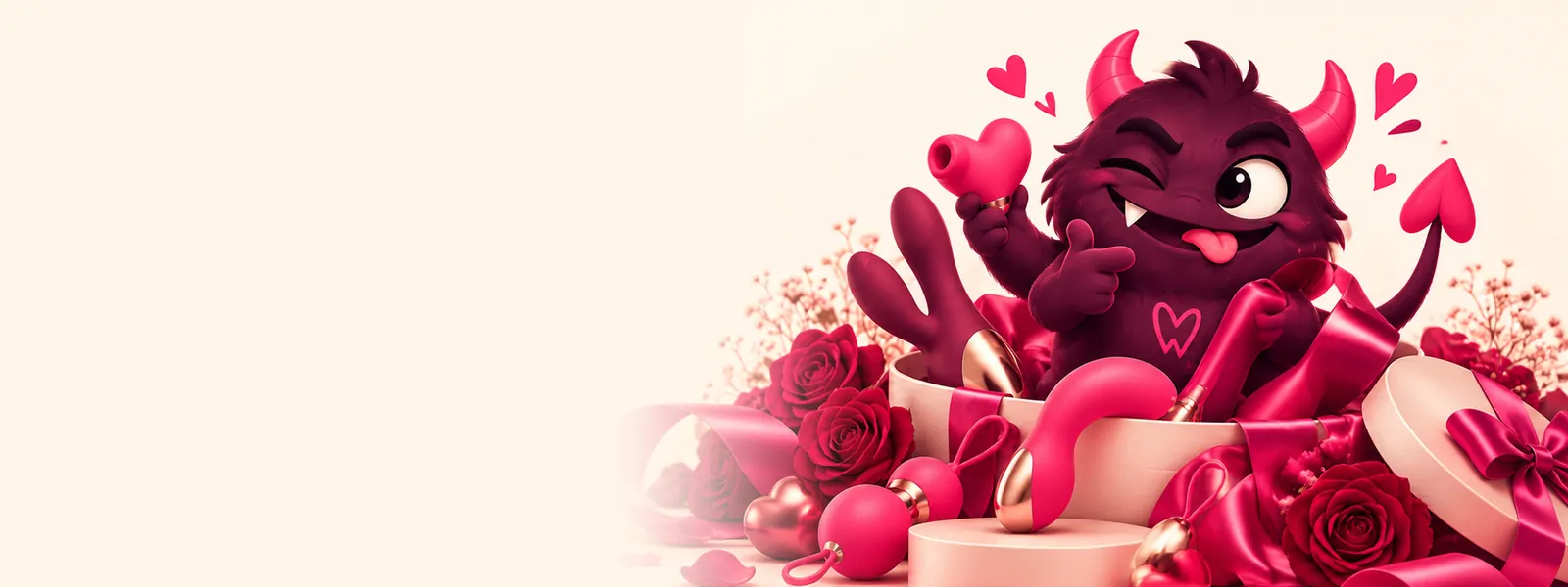 Ilustración de la mascota de MrWonderSex en una caja de regalo con juguetes y rosas