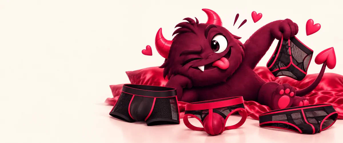 Ilustración de la mascota de MrWonderSex con calzoncillos y bóxers sobre sábanas de satén rojo