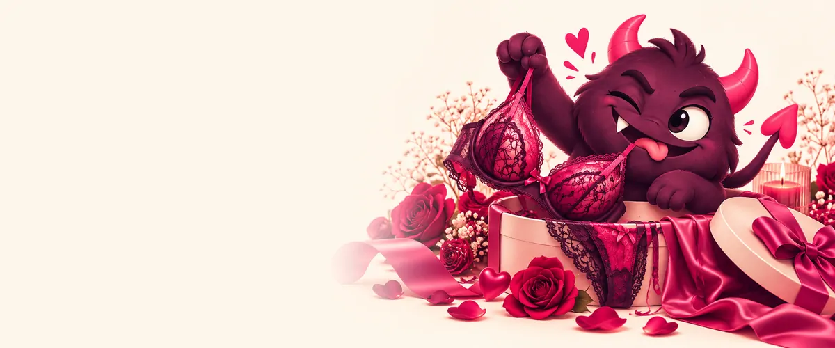 Ilustración de la mascota de MrWonderSex con un conjunto de lencería de encaje y rosas