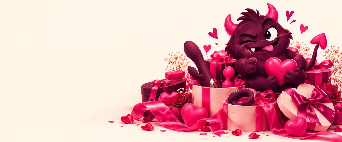 Ilustración de la mascota de MrWonderSex con vibradores, regalos y rosas