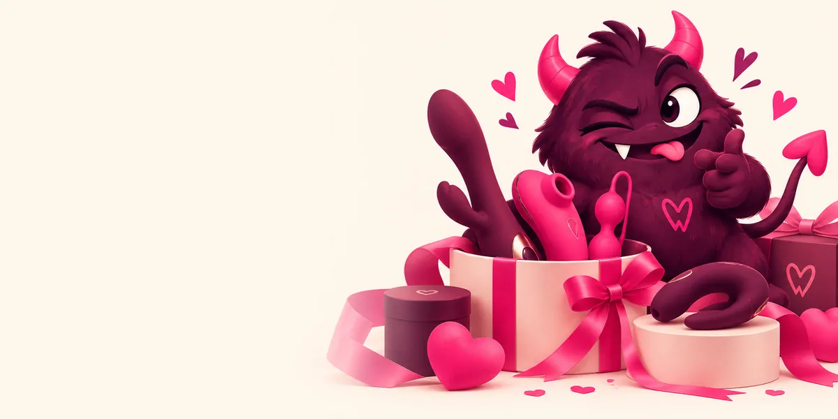 Ilustración de la mascota de MrWonderSex guiñando un ojo entre juguetes eróticos y cajas de regalo