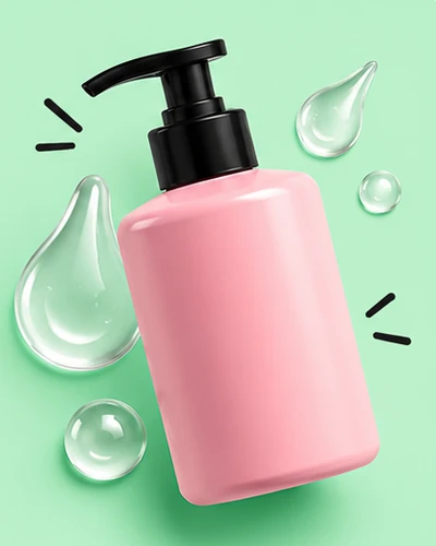 Bote rosa con dosificador y gotas de gel transparente sobre fondo verde menta