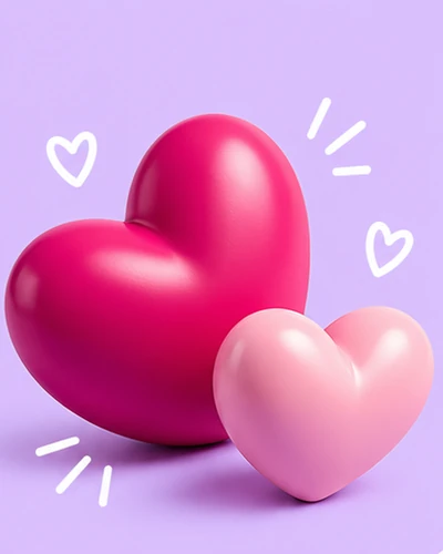 Dos corazones rosas, uno grande y uno pequeño, sobre fondo lila