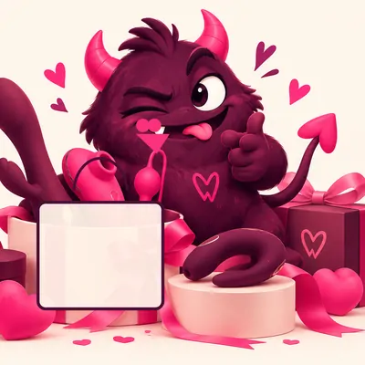 Ilustración de la mascota de MrWonderSex con una bolsa de la compra vacía entre juguetes y regalos