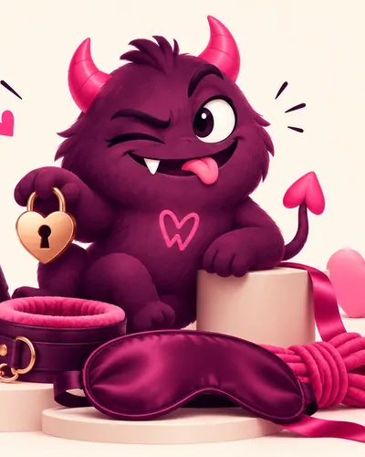 Ilustración de la mascota de MrWonderSex con esposas, antifaz y cuerdas