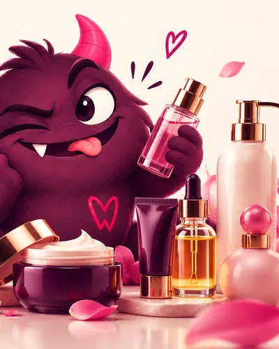 Ilustración de la mascota de MrWonderSex con perfumes, cremas y aceites
