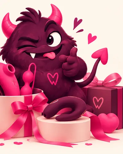Ilustración de la mascota de MrWonderSex con juguetes eróticos y regalos