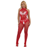 SUBBLIME - 952372 BODYSTOCKING CROTCHLESS DE REJILLA Y ENCAJE CON CUELLO ALTO ROJO TALLA ÚNICA · SUBBLIME · Bodystocking