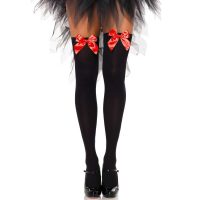 LEG AVENUE – MEDIAS ALTAS NEGRAS CON LACITO ROJO TALLA ÚNICA